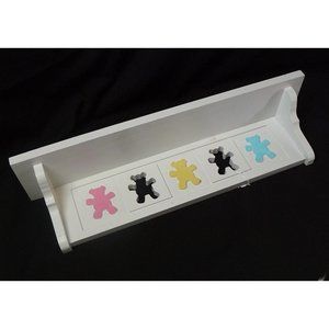 Wooden White wall mount shelf w/ Pastel Teddy Bear design & Cut-out Nursery Baby